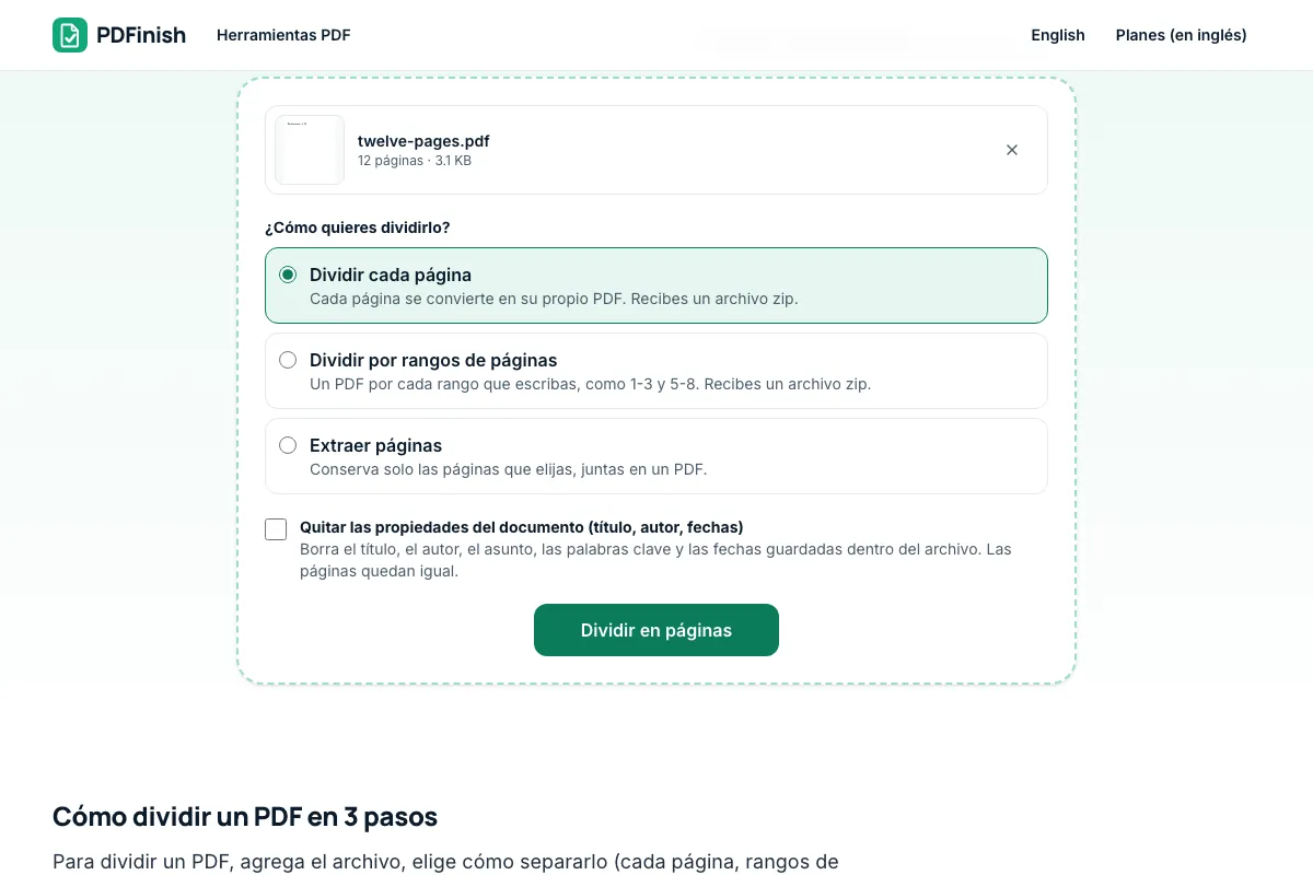 La herramienta Dividir PDF de PDFinish con un PDF de ejemplo cargado, lista para separarlo en páginas