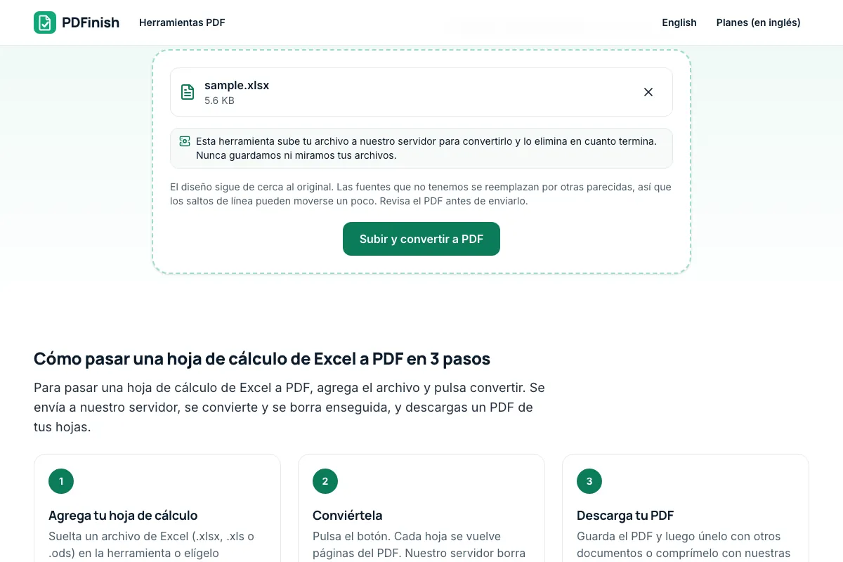 La herramienta Excel a PDF de PDFinish con un libro de Excel de ejemplo agregado, lista para convertirlo en PDF