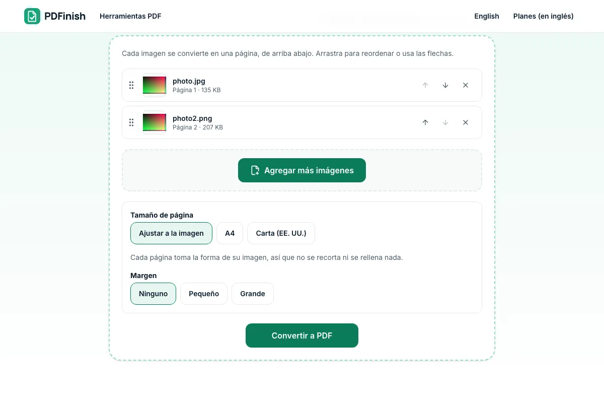 La herramienta JPG a PDF de PDFinish con dos fotos de ejemplo agregadas, lista para combinarlas en un solo PDF
