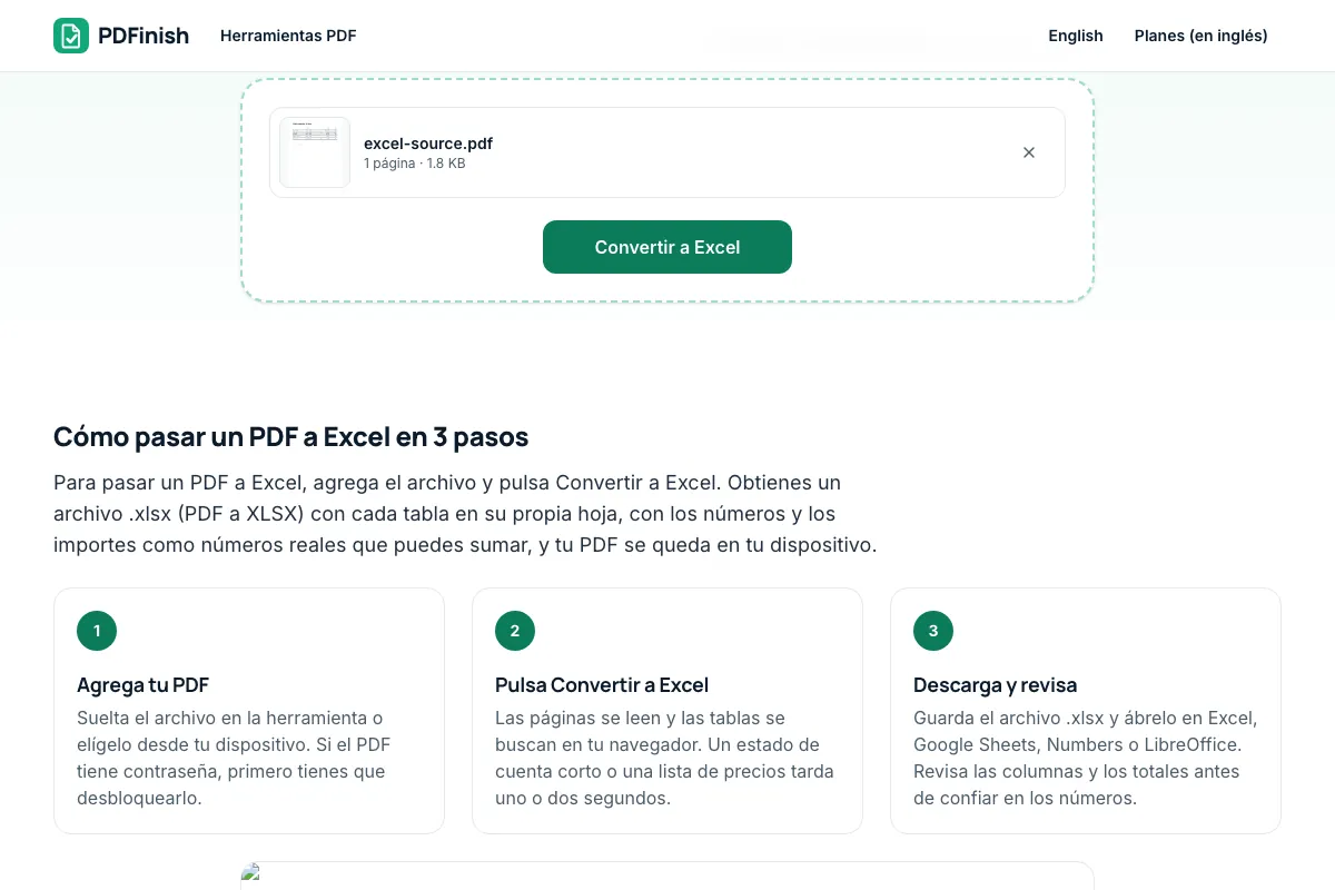 La herramienta PDF a Excel de PDFinish con un PDF con una tabla de suministros agregado y el botón Convertir a Excel listo