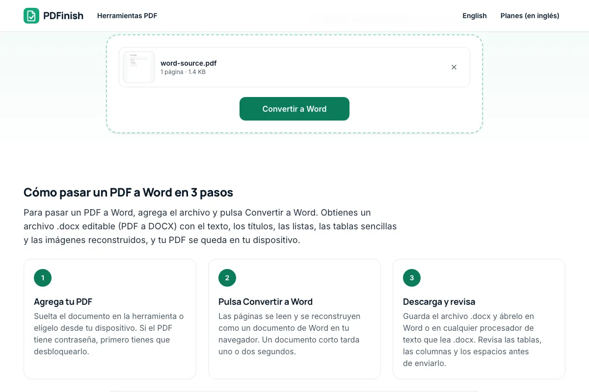 La herramienta PDF a Word de PDFinish con un PDF de ejemplo agregado y el botón Convertir a Word listo