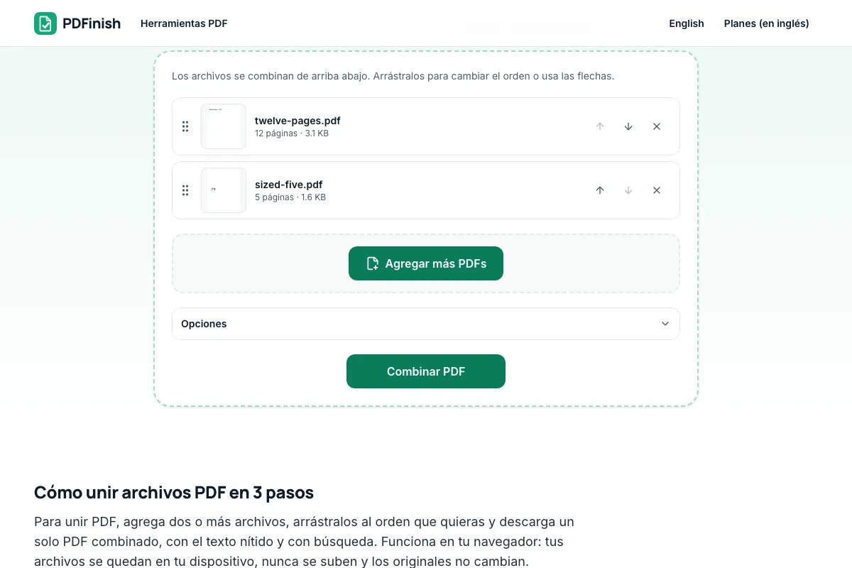 La herramienta Unir PDF de PDFinish con dos PDF de ejemplo agregados en orden, lista para combinarlos en un solo archivo