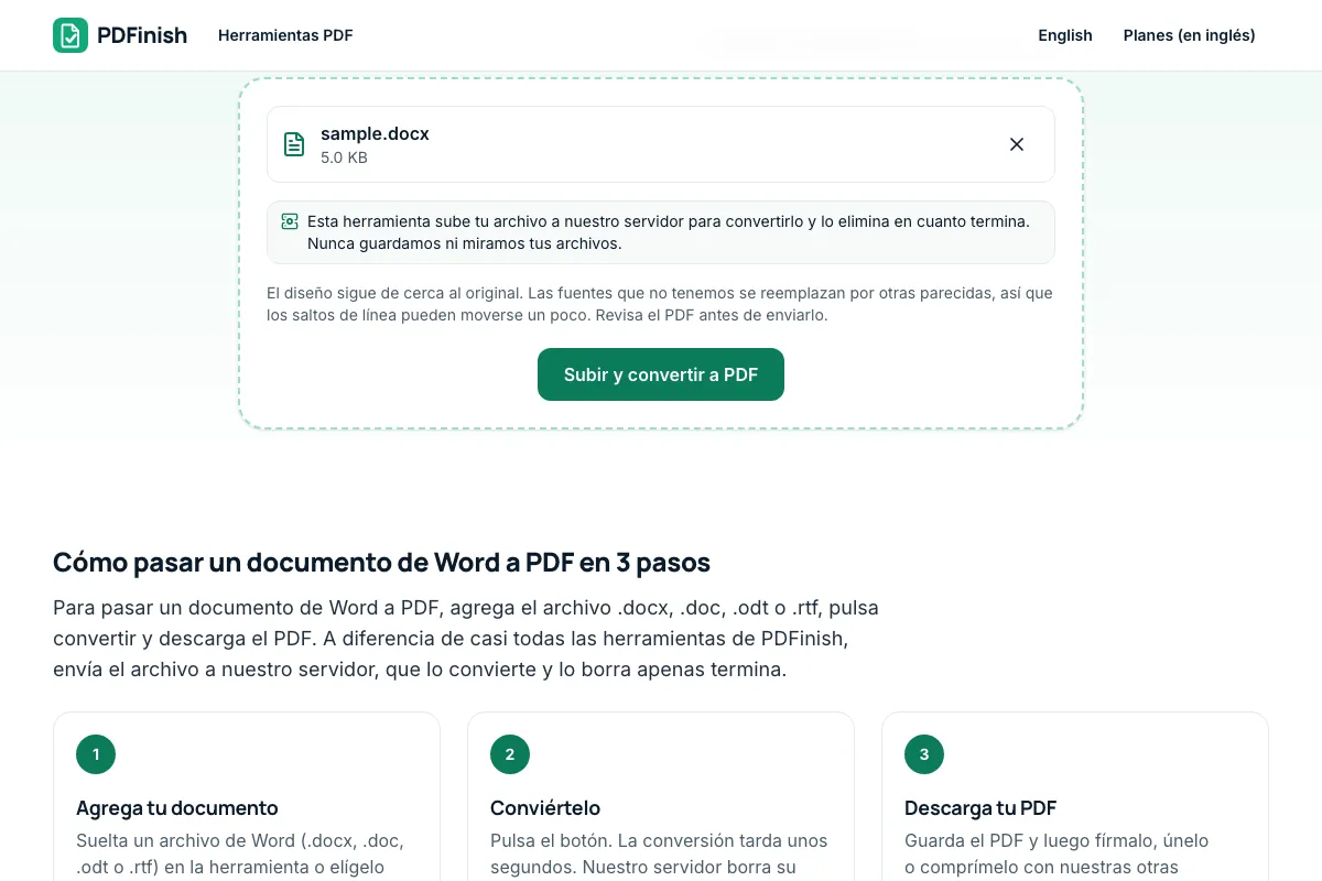 La herramienta Word a PDF de PDFinish con un documento de Word de ejemplo agregado, lista para convertirlo en PDF