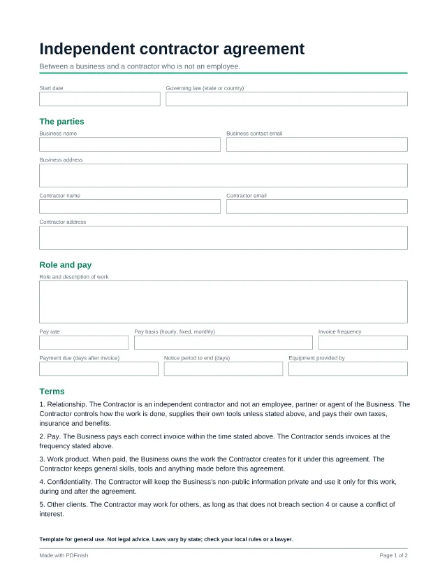First page of the Independent contractor agreement template