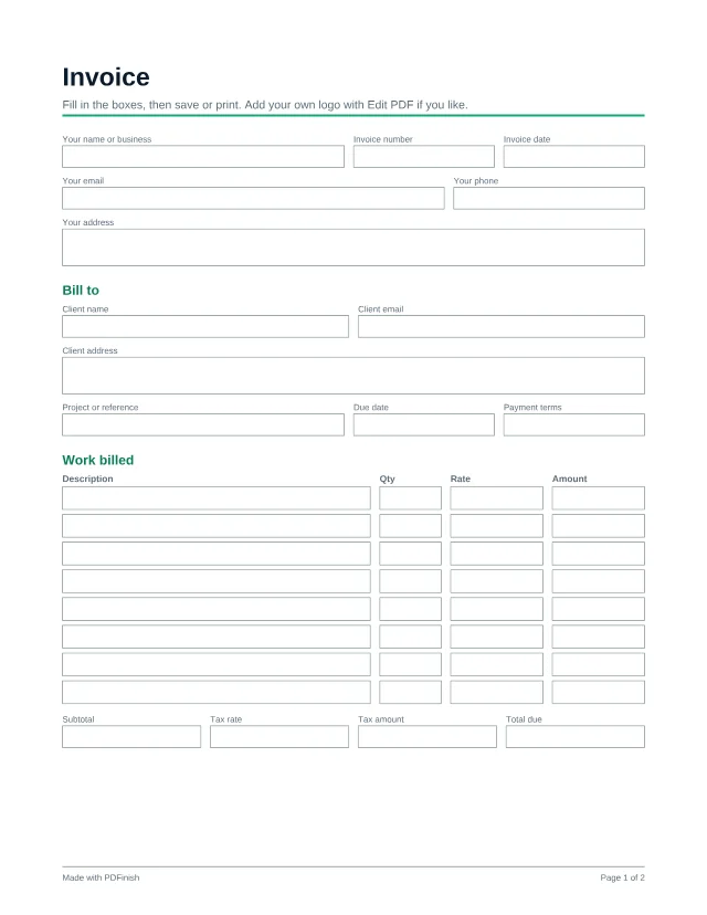 First page of the Freelance invoice template