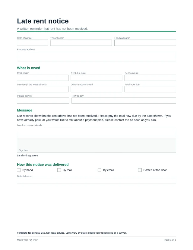 First page of the Late rent notice template