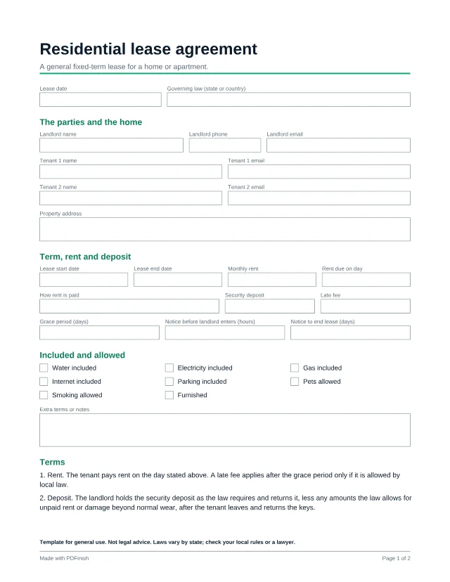 First page of the Residential lease agreement template