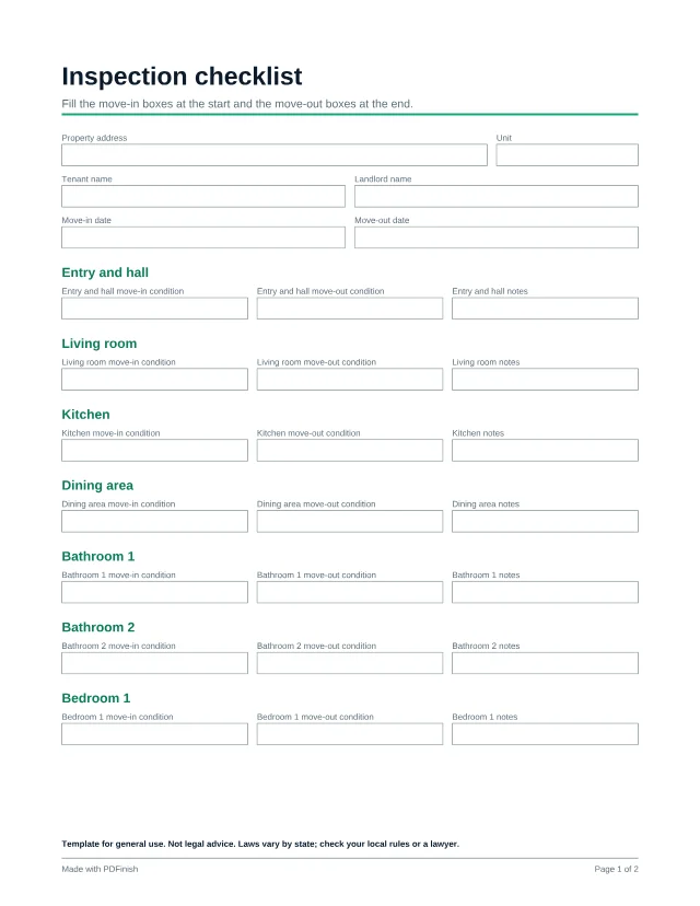 First page of the Move-in and move-out inspection checklist template
