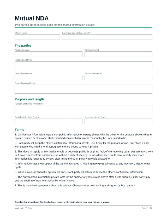 First page of the Mutual NDA template