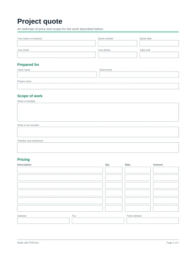First page of the Project quote or estimate template