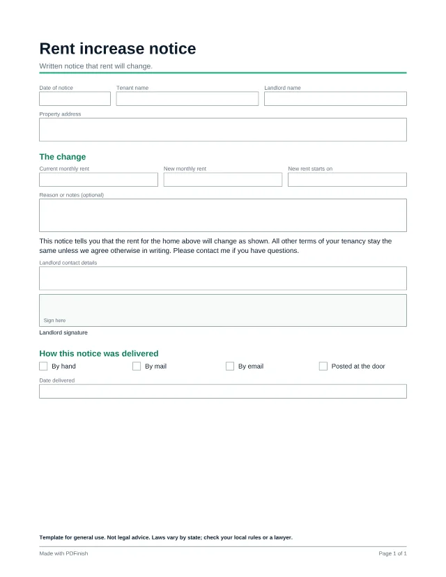 First page of the Rent increase notice template