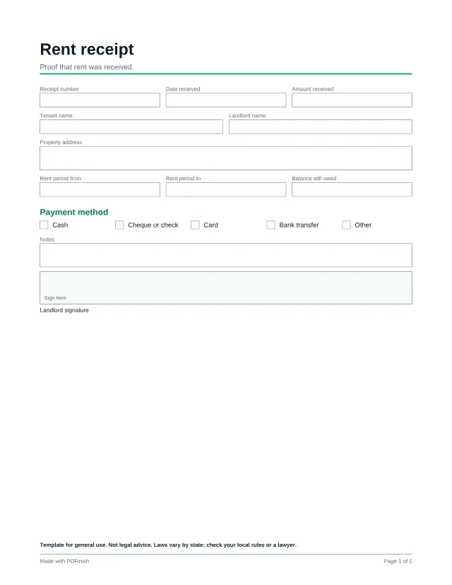 First page of the Rent receipt template