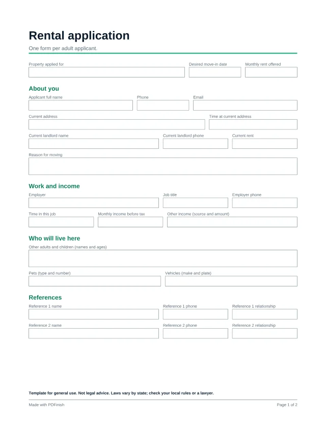 First page of the Rental application template