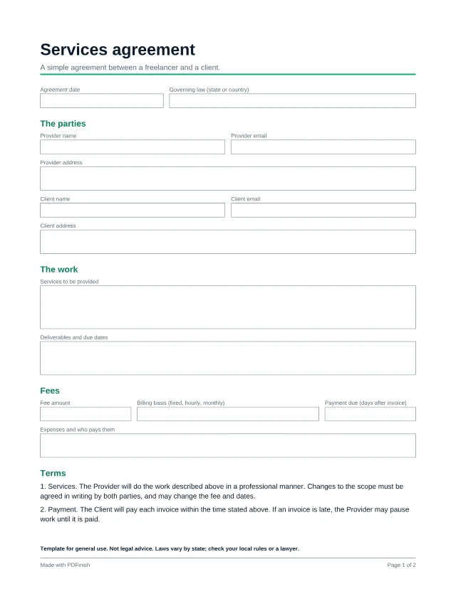 First page of the Simple freelance services agreement template